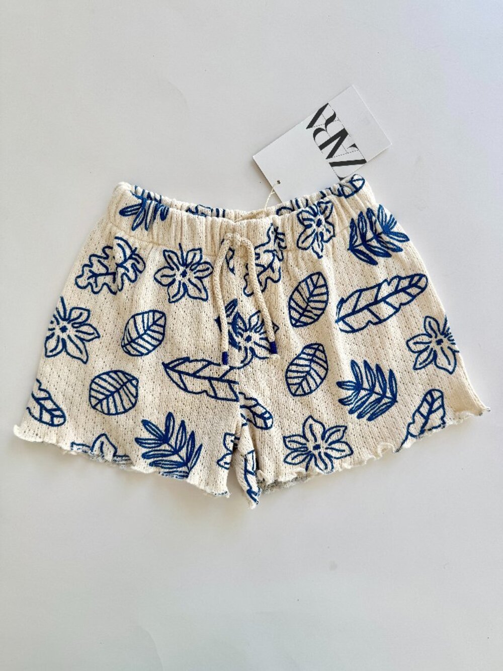 NWT Zara Girls Tropical Embroidered Knit Shorts Sz 4Y Cream Blue